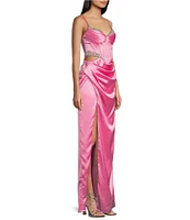 GB Satin Cutout Bejeweled Dress