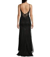 GB Sleeveless Scoop Neck Illusion Back Slit Hem Beaded Glitter Long Dress