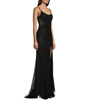 GB Sleeveless Scoop Neck Illusion Back Slit Hem Beaded Glitter Long Dress