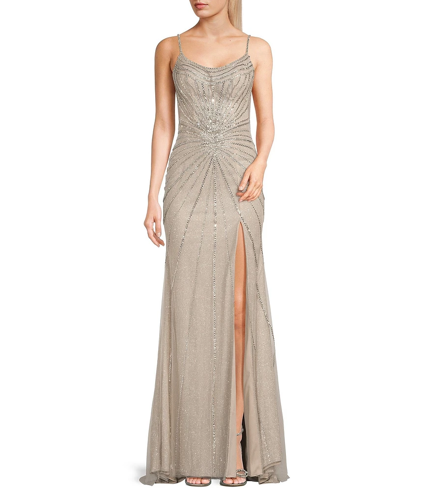 GB Sleeveless Scoop Neck Illusion Back Slit Hem Beaded Glitter Long Dress