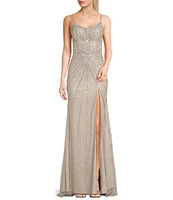 GB Sleeveless Scoop Neck Illusion Back Slit Hem Beaded Glitter Long Dress