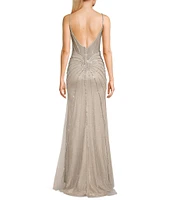 GB Sleeveless Scoop Neck Illusion Back Slit Hem Beaded Glitter Long Dress