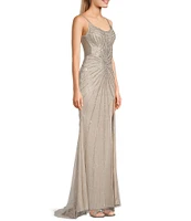 GB Sleeveless Scoop Neck Illusion Back Slit Hem Beaded Glitter Long Dress