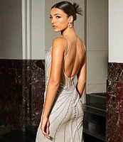 GB Sleeveless Scoop Neck Illusion Back Slit Hem Beaded Glitter Long Dress