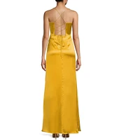 GB Social Corset Cowl Neck Lace-Up Back Slit Hem Satin Long Dress