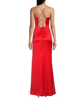 GB Social Corset Cowl Neck Lace-Up Back Slit Hem Satin Long Dress