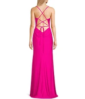 GB Social Jersey Ruched Lace-Up Back Long Dress