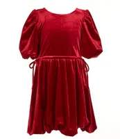 GB Social Little Girls 2T-6X Velvet Round Neck Short Bubble Sleeve Dress