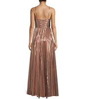 GB Social Pleated Metallic Split Neck Long Dress