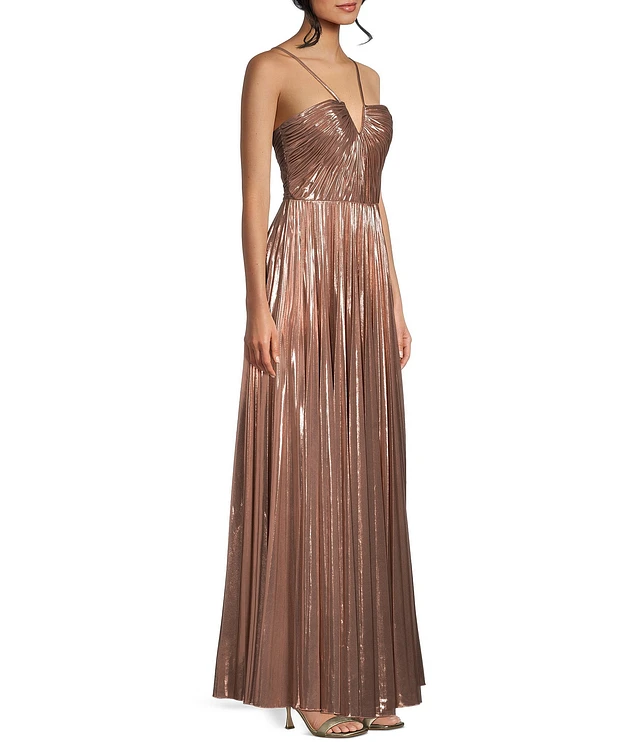 Compare GB Social Pleated Metallic Split Neck Long Dress | Liberty Center