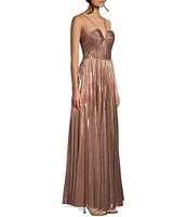 GB Social Pleated Metallic Split Neck Long Dress