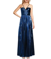 GB Social Pleated Metallic Split Neck Long Dress