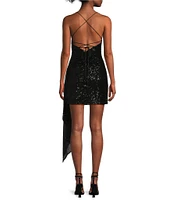 GB Social Ruched Sequin Asymmetrical Hem Tie Back Mini Dress