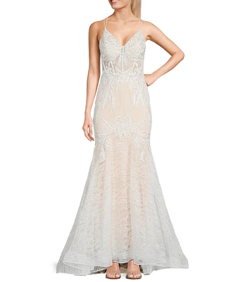 GB V-Neck Lace-Up Back Embroidered Lace Mermaid Gown