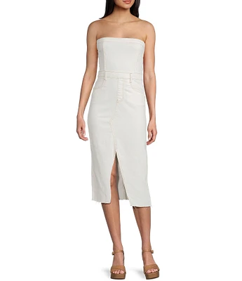 GB Strapless Denim Raw Hem Midi Dress
