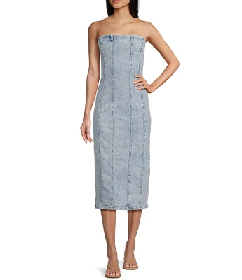 GB Strapless Denim Slit Back Midi Dress