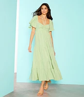GB Tie Neck Short Sleeve Tiered Midi Dress