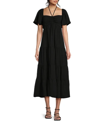 GB Tie Neck Short Sleeve Tiered Maxi Dress