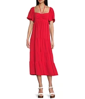 GB Tie Neck Short Sleeve Tiered Midi Dress