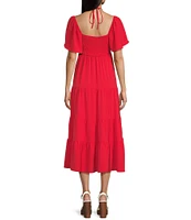 GB Tie Neck Short Sleeve Tiered Midi Dress
