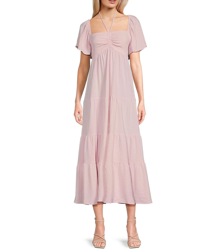 GB Tie Neck Short Sleeve Tiered Midi Dress
