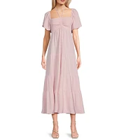 GB Tie Neck Short Sleeve Tiered Midi Dress