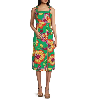 GB Tie Shoulder Floral Linen Blend Midi Dress
