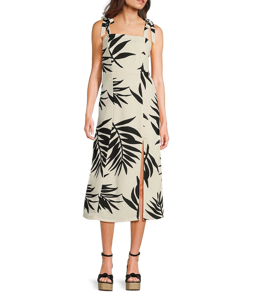 GB Tie Shoulder Tropical Palm Leaf Linen Blend Midi Dress