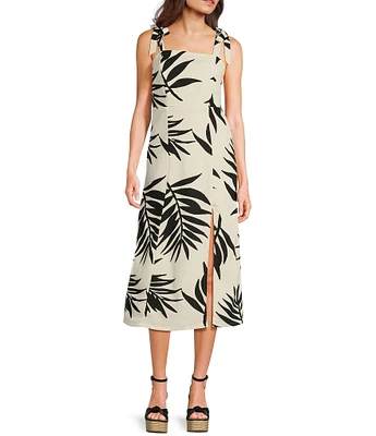 GB Tie Shoulder Tropical Palm Leaf Linen Blend Midi Dress