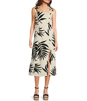GB Tie Shoulder Tropical Palm Leaf Linen Blend Midi Dress