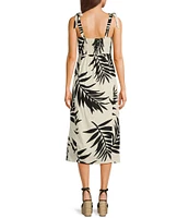 GB Tie Shoulder Tropical Palm Leaf Linen Blend Midi Dress