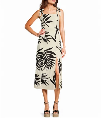 GB Tie Shoulder Tropical Palm Leaf Linen Blend Midi Dress