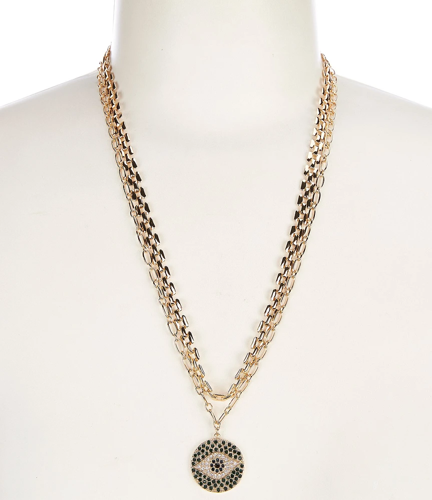 Gemma Layne Pave Eye Disc Double Strand Short Pendant Necklace