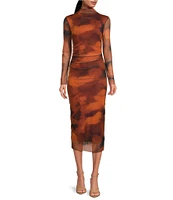 Gianni Bini Abstract Mesh Mock Neck Long Sleeve Midi Bodycon Dress