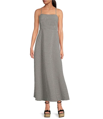 Gianni Bini Amelia Gingham Square Neck Sleeveless Tie Back Midi A-Line Dress