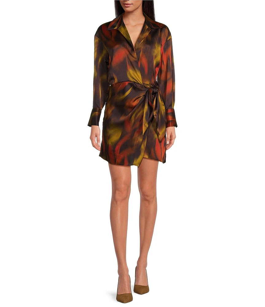 Gianni Bini Avery Border Blur Satin Point Collar V-Neck Long Sleeve Tie Side Wrap Mini Dress