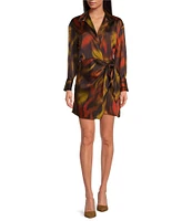 Gianni Bini Avery Border Blur Satin Point Collar V-Neck Long Sleeve Tie Side Wrap Mini Dress