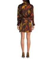 Gianni Bini Avery Border Blur Satin Point Collar V-Neck Long Sleeve Tie Side Wrap Mini Dress