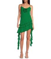 Gianni Bini Belle Rosette Sweetheart Neck Sleeveless Ruffle Chiffon Mini Dress