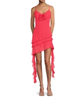 Gianni Bini Belle Rosette Sweetheart Neck Sleeveless Ruffle Chiffon Mini Dress