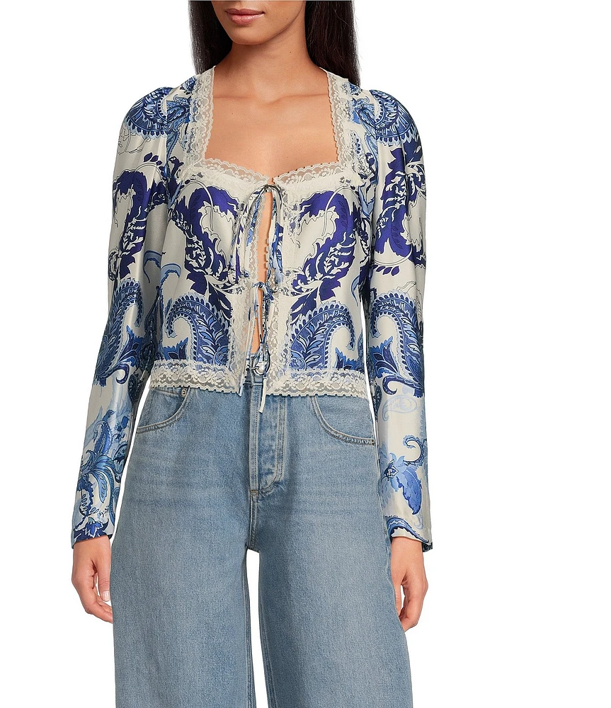 Gianni Bini Callie Satin Lace Trim Tie Front Square Neck Long Sleeve Chambray Blouse