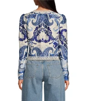Gianni Bini Callie Satin Lace Trim Tie Front Square Neck Long Sleeve Chambray Blouse