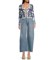 Gianni Bini Callie Satin Lace Trim Tie Front Square Neck Long Sleeve Chambray Blouse