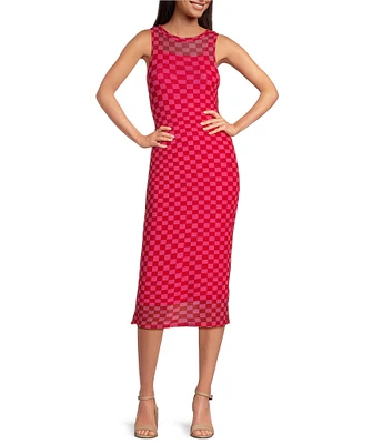 Gianni Bini Cara Check Print Mesh Crew Neck Sleeveless Midi Dress