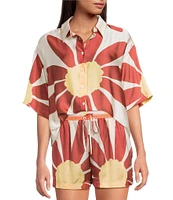 Gianni Bini Charlie Point Collar Short Sleeve Button Front Printed Satin Coordinating Blouse