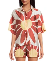 Gianni Bini Charlie Point Collar Short Sleeve Button Front Printed Satin Coordinating Blouse