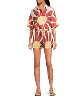 Gianni Bini Charlie Point Collar Short Sleeve Button Front Printed Satin Coordinating Blouse