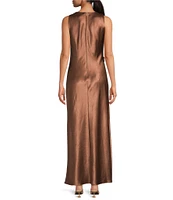 Gianni Bini Cheyanne Satin 3D Rosettes Cutout Round Neck Sleeveless Ruched Slip Maxi Dress