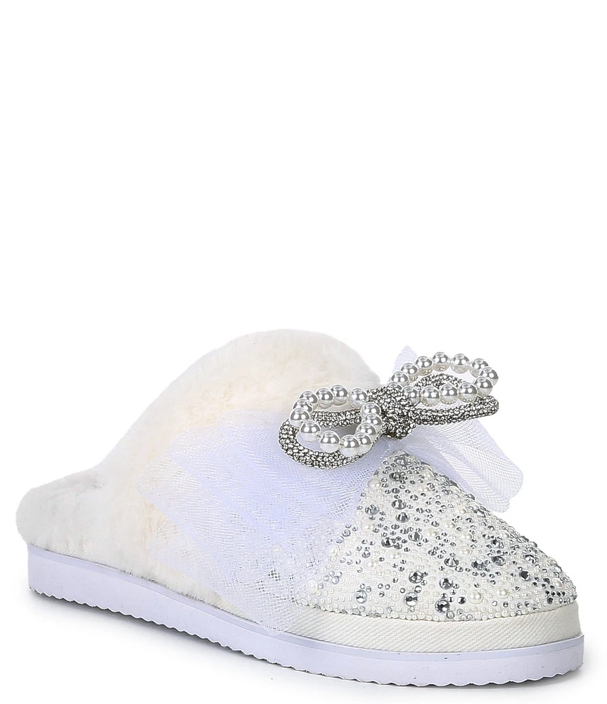 Gianni Bini ComfieeThree Rhinestone and Pearl Bow Faux Fur Slippers