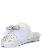 Gianni Bini ComfieeThree Rhinestone and Pearl Bow Faux Fur Slippers